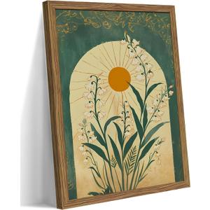 Framed Boho Wall Art, Lily of the Valley Emerald Green Sun Canvas, Mystical Country Botanical Wall Decor, Spiritual Flowers Poster Pictures Print for Bedroom Living Room  12x16 inch