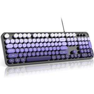 MOFII Keyboard Wired, Full Size Retro Typewriter Keyboard Round Key, USB Wired Plug and Play, for Laptop, PC, Desktop, Windows (Black Purple Gradient Color)