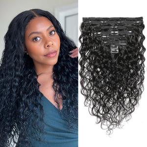 Water Wave Human Hair Clip in Extensions - Natural Black 1B Double Weft Kinky Curly for Black Women - 12 Inch 120g