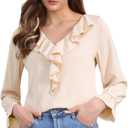 Allegra K Women's Ruffle Blouse for Business Work Elegant V Neck Long Sleeve Casual Dressy Top (Light Beige), Medium