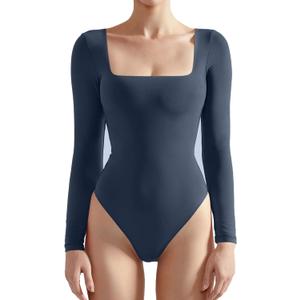 SUUKSESS Women Square Neck Long Sleeve Bodysuit Sexy Thong Bodysuit Shirts (01 Navy) XL