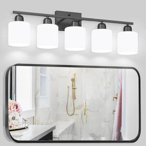 5Light Black Bathroom Vanity Light, Black Vanity Light with Milky White Frosted Glass Shades, Modern Vanity Light Fixture for Bathroom Mirror, Bedroom, Living Room, Hallway, Vanity Table, E26 Base