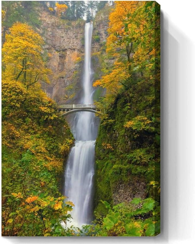 Multnomah Falls in River Gorge Oregon during fall season Wall Art Landscape Poster Picture Decor Canvas Framed Painting Large Size Artwork for Living Room Home Hanging  2 x 3 Ft