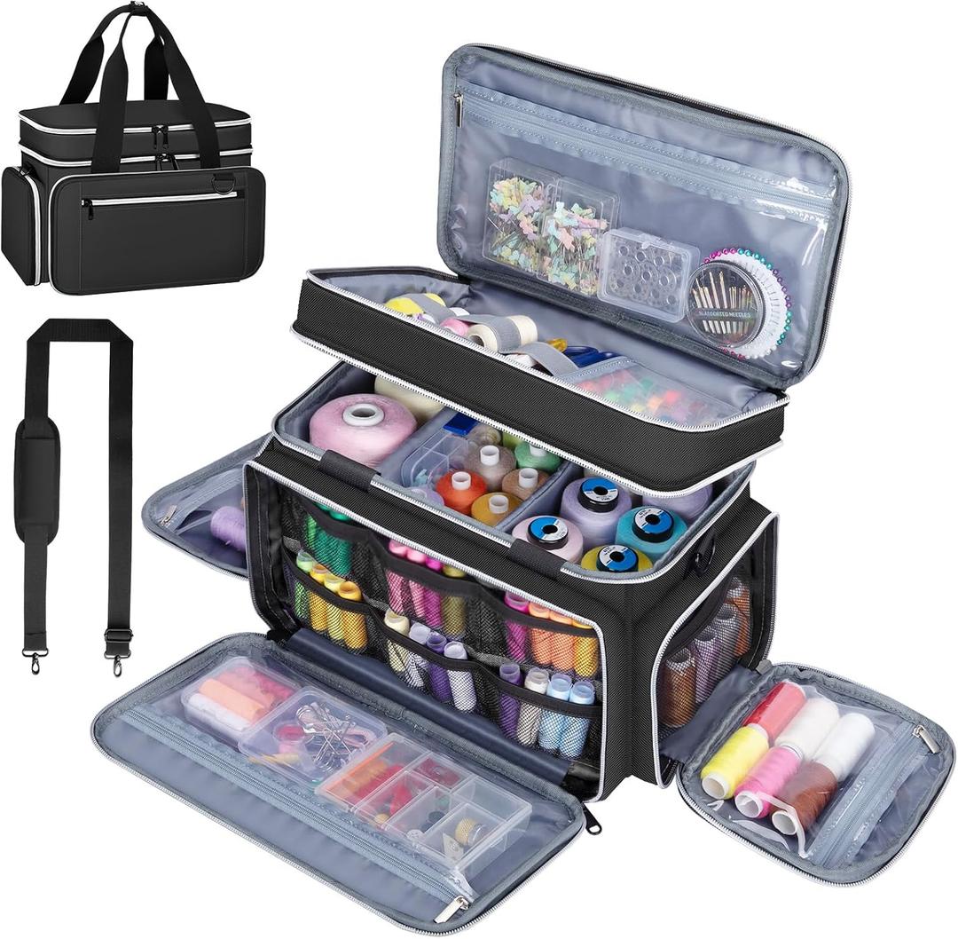 Anitor Large Sewing Supplies Organizer, Double Layer Sewing Storage Organizer with Two Detachable Dividers, Travel Sewing Bag Organizer with Shoulder Strap for Accessories, Black, (Bag Only)