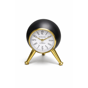 Modern Retro Table Alarm Clock – Black & Gold Tripod Design , 7" x 6" x 9"