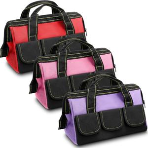 Sanwuta 3 Pack Tool Bag for Men with Waterproof Hard Bottom, Heavy Duty Tool Bag Wide Mouth Tote for Various Instrument, Electrician Carpenter Mechanic(Red, Pink, Light Purple,13 Inch,Classic)