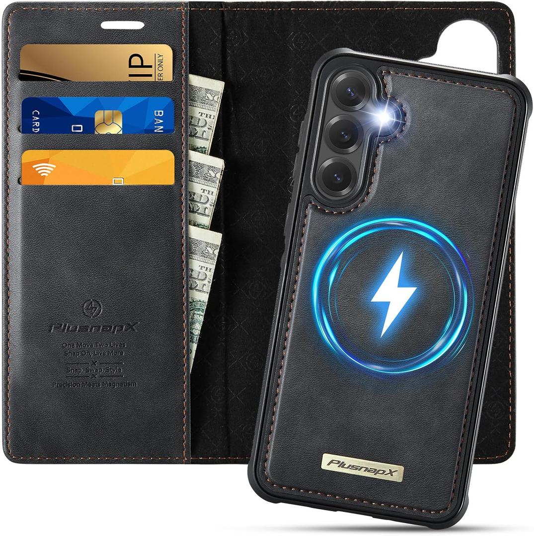 Wallet Case for Samsung Galaxy S25 Plus Compatible with Magsafe, 2-in-1 PU Leather Flip RFID Blocking Card Holder Stand Shockproof Magnetic Detachable Cover for Galaxy S25 Plus Case, Black