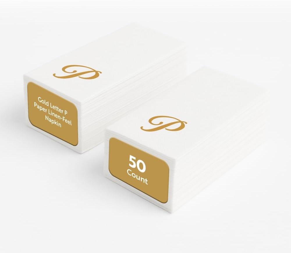Luxenap 15.8 X 7.9 Inch Linen-Feel Guest Towels, 50 Lettered Hand Towels - Gold Letter 'P', Cursive Font, White Paper Dinner Napkins, airlaid, For Restrooms And Tables - Restaurantware