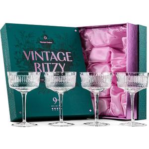 GLASSIQUE CADEAU Vintage Ritzy Cocktail and Champagne Coupe Glasses | Set of 4 | 7 oz Crystal Long Stemmed Glassware for Drinking Martini, Cosmopolitan, Manhattan | Retro Saucers
