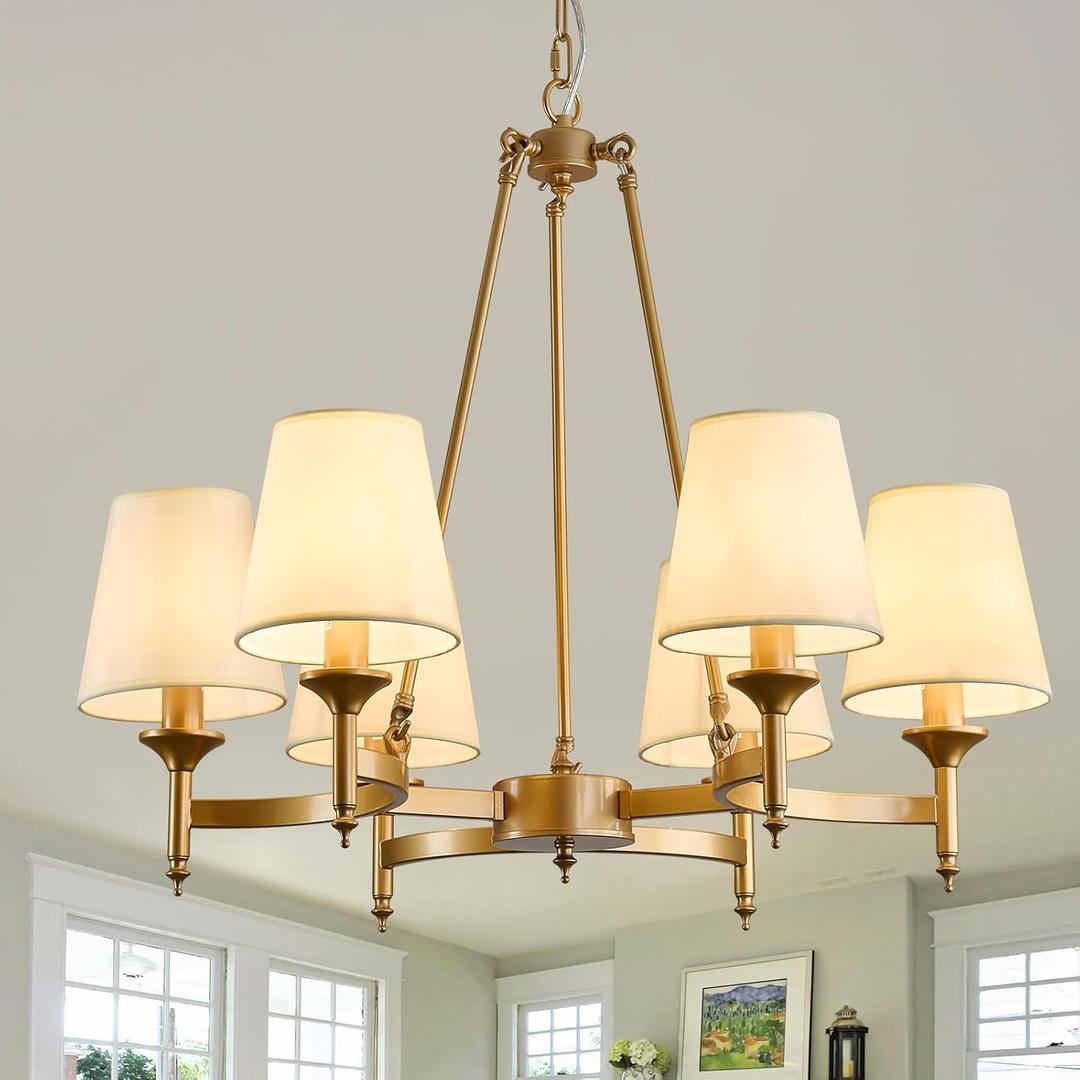 Gold Wagon Wheel Chandelier with White Linen Shade 6-Light Industrial Ceiling Light Fixture 26.8inch Large Farmhouse Hanging Pendant Light for Dining Living Room Kitchen Bedroom Entryway Foyer