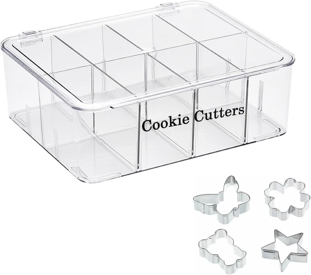 Cookie Cutters Organizer for Baking, Biscuit Cutters Storage Box with 8 Adjustable Compartments, Transparent Dustproof Lid, Perfect Baking Molds Tool Accessories Display Box