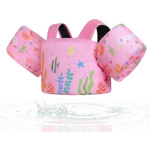 Gogokids Toddler Swim Vest for Kids 24-66 lbs, Swimming Pool Floats Vest[CPC Certified & Adjustable Fit] Toddler Arm Floaties Swim Jacket Water Wings for Beach Puddle Pool Jumper Boys Girls 1-6 Years (Pink Seaweed)
