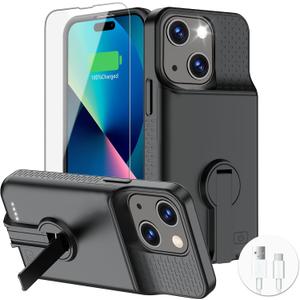 Battery Case for iPhone 15/15 Pro, Charging Case with Stand 7000mAh Rechargeable Ultra-Slim Anti-Fall Protection Extended Battery Pack Charger Cover for iPhone 15/15 Pro Battery Case 6.1" Black