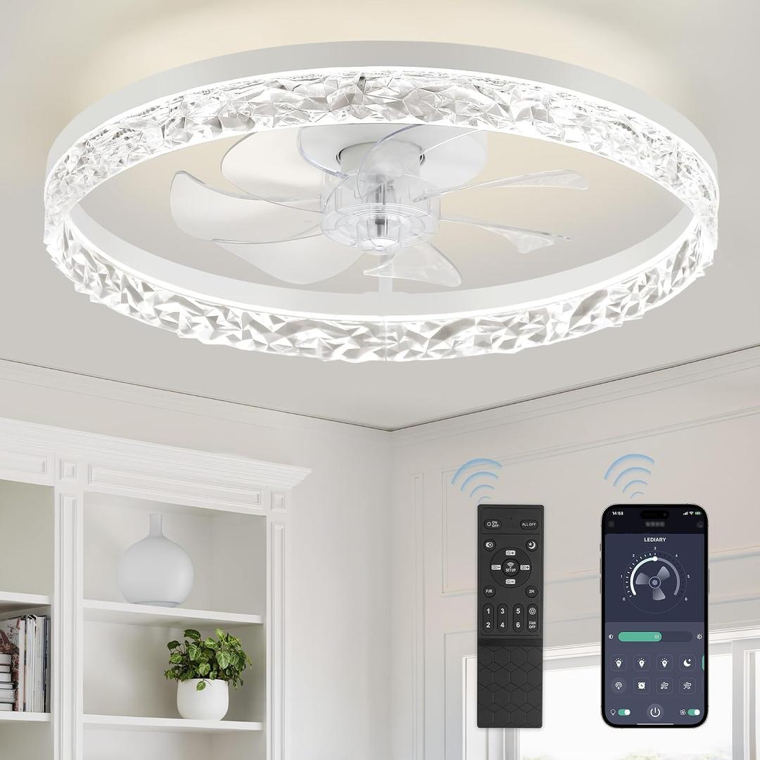 LEDIARY 20" Modern Ceiling Fans with Lights and Remote, Dimmable Low Profile Ceiling Fan, Flush Mount Ceiling Fan, Stepless Color Temperature Change and 6 Speeds - White