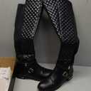 JustFab Womens Knee High Boots Faux Leather Brown Riding Boots Knee High Boots for Women Womens Low Heel Casual Boots for Women (9.5, Black-round Toe)