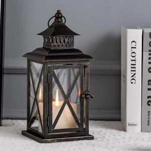 Lantern Decorative Indoor & Outdoor, Large Hanging Candle Lanterns Home Decor, Vintage Metal Candle Holders for Front Porch Patio Wedding Party, Halloween Christmas Decorations (Black)