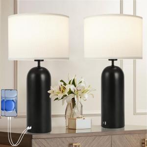 MoMyofdy 22-inch Tall Table Lamps - Set of 2 Black & White Touch Control 3-Way Dimmable Lamps with USB A+C Ports for Bedroom or Living Room