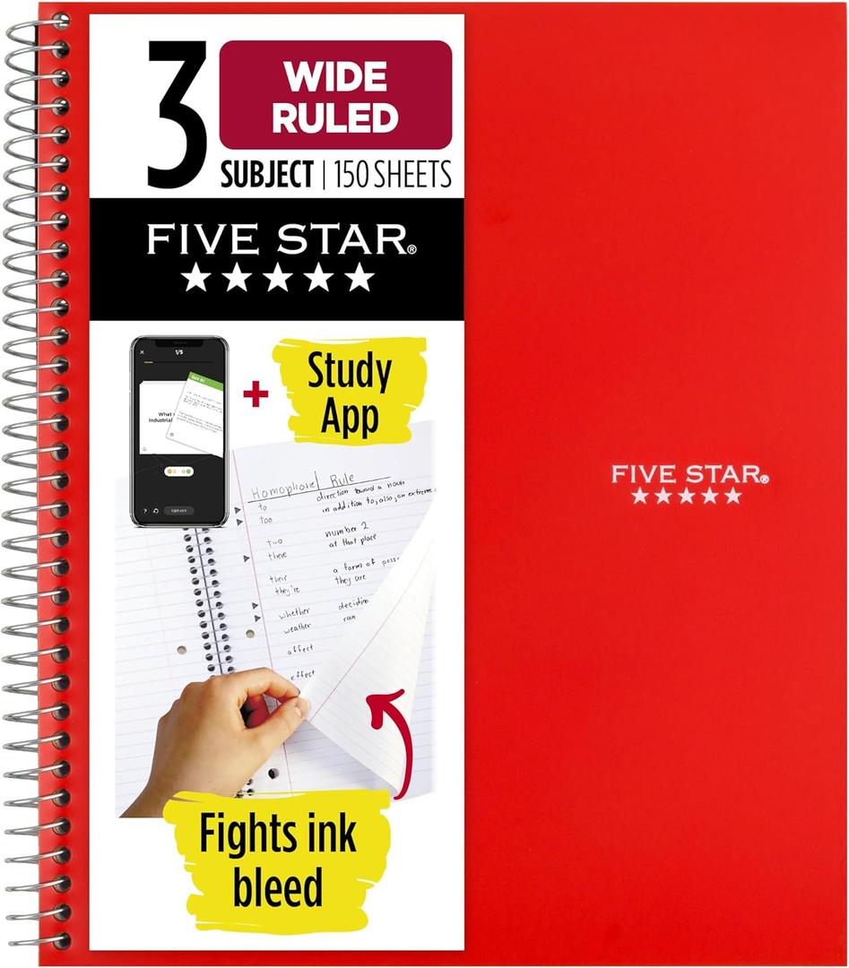 Five Star Spiral Notebook + Study App, 3 Subject, Wide Ruled Paper, 10-1/2" x 8", 150 Sheets, Red (72029)