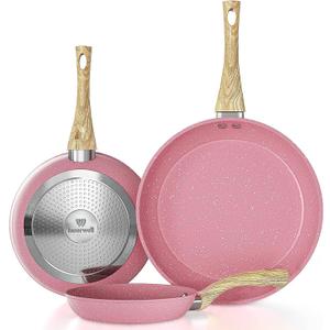 Frying Pan Nonstick Set, 8" & 9.5" & 11" Pink Egg Pan, Non Stick Fry Pan Set PFOA-Free Omelet Pan, Toxin-Free Skillets Stone Cookware, Anti-Warp Base with All Stove Tops ,Induction Compatible