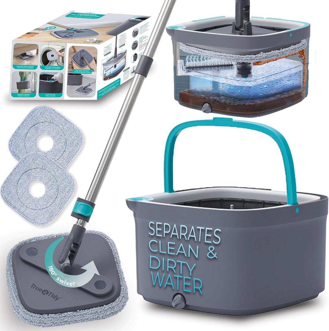 True & Tidy True Clean Spin Mop & Bucket System  Dual Compartment Design for Clean & Dirty Water, 360 Swivel Mop Head, Built-in Scrubbing Brush, Stainless Steel Handle & 2 Reusable Microfiber Pads (11.8 x 11.8 x 7.28 inches)