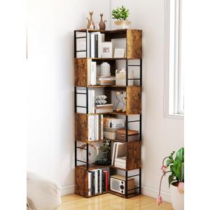 Qriocioa 7Tier Corner Bookshelf 73.6 Inches Tall Corner Bookcase Industrial Wood and Metal L Shaped Bookshelf Large Storage Display Rack for Living Room, Home Office, Rustic Brown