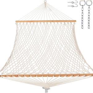 12ft Double Hammocks, Handwoven Traditional Cotton Rope Hammock with Hardwood Spreader Bar, Chains and Hooks for Indoor Outdoor, Max 450 lbs Capacity (Beige, Full) 12ft Double Hammocks, Handwoven Traditional Cotton Rope Hammock with Hardwood Spreader Bar, Chains and Hooks for Indoor Outdoor, Max 450 lbs Capacity (Beige, Full)