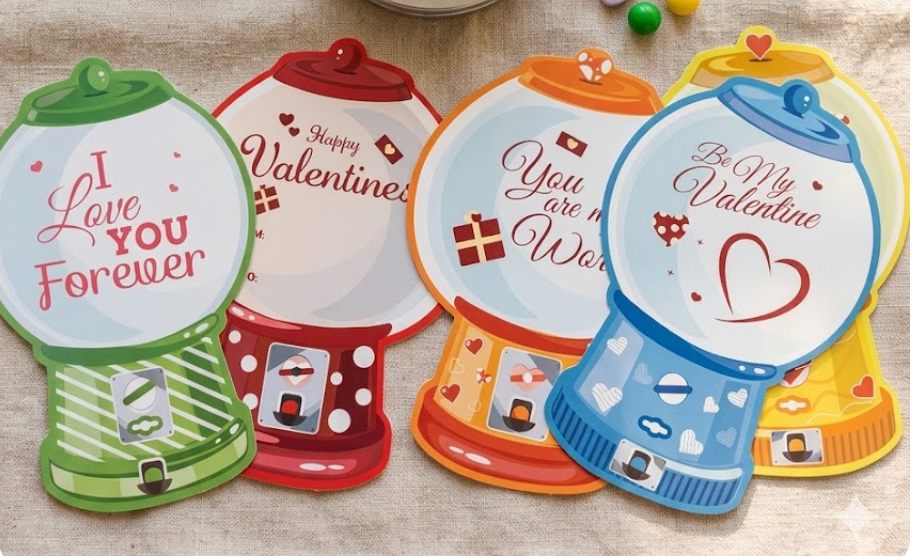 Valentines Candy Cards Gift Set - 36 PCS DIY Craft Treat Holder Bulk Class Valentines Candy Exchange Gifts for Couples Families Party Gift, Bubble Gum Machine