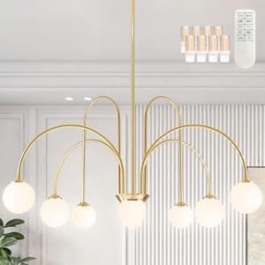Bagood Modern Sputnik Chandelier Mid Century Chandelier for Dining Room 8-Light 39" Brushed Gold Large Sputnik Globe Chandelier with Milk Glass Globe Shade for High Ceiling (Bulbs & Remote Incl.), 38.5 in