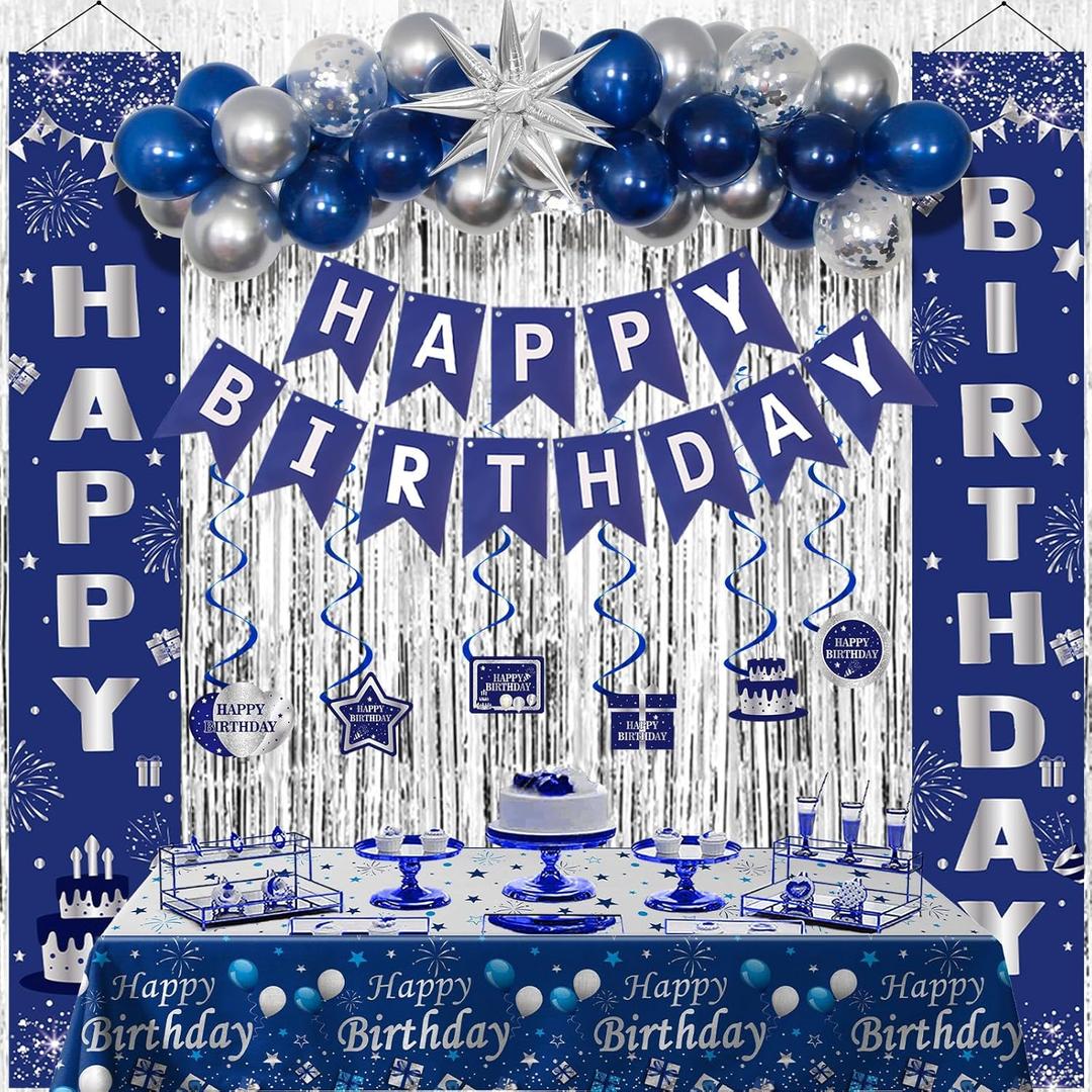 Blue Birthday Decorations for Men Women Boys, Happy Birthday Decorations Navy Blue and Silver, Happy Birthday Banner Balloons Tablecover Fringe Curtain Door Banner, Mens Boy Bday Party Supplies Decor