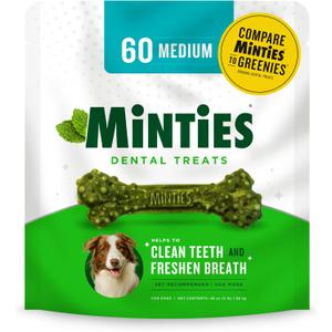 Minties Dental Chews for Dogs, 60 Count, Vet-Recommended Mint-Flavored Treats for Medium Dogs 25-50 lbs, Bones Clean Teeth, Fight Bad Breath, and Removes Plaque and Tartar (3 Pound, Pack of 1)