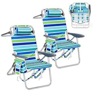 GarveeLife High Backpack Beach Chair for Adults 2 Pack, Lightweight Portable Lay Flat Folding Beach Chair with 5 Positions, Backpack Straps, Phone Pocket, Cup Holder, Cooler Pouch & Towel Bar