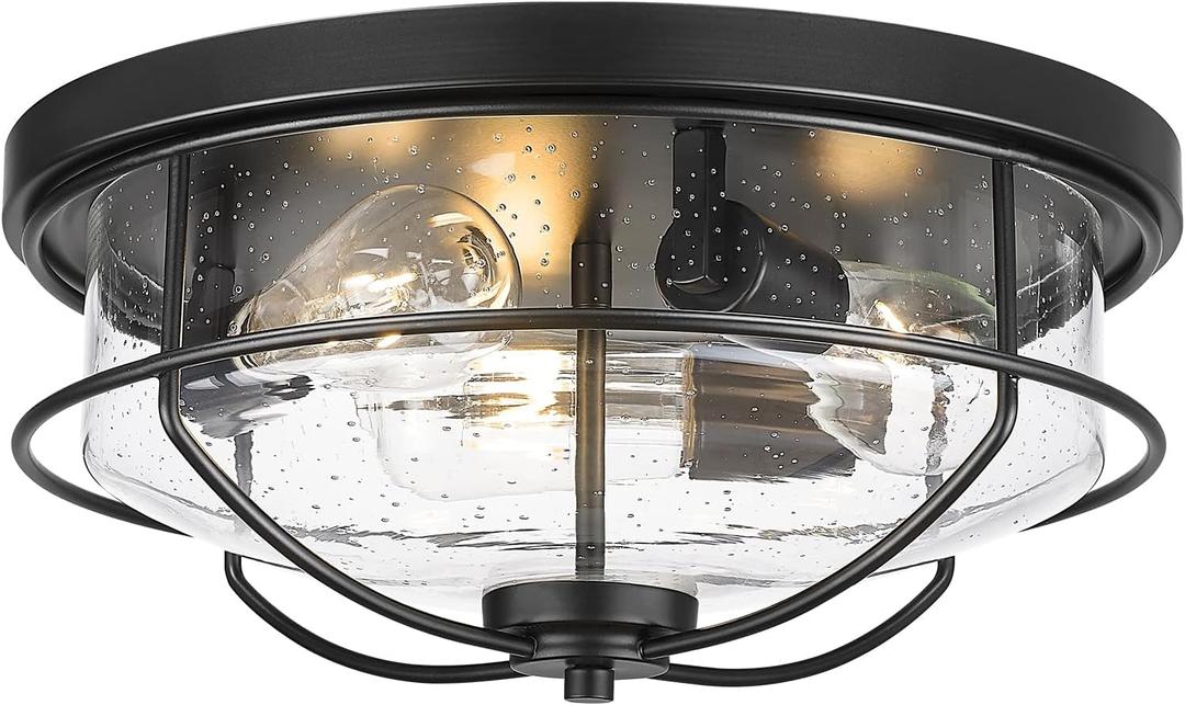 3-Light Flush Mount Ceiling Light, HWH 15 inch Hallway Light Fixtures Ceiling with Seeded Glass, Matte Black Finish, 5HTJ102F BK