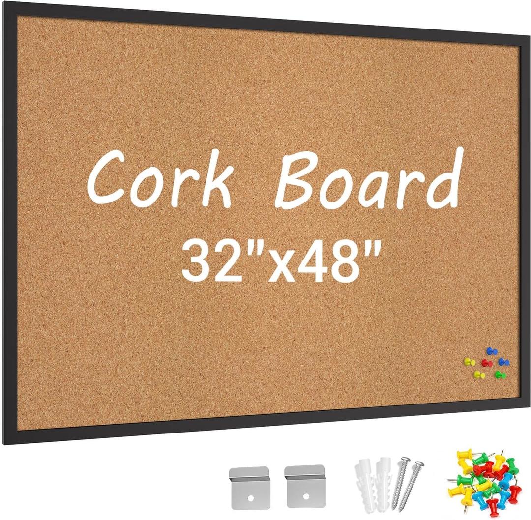Forlogic Cork Board Bulletin Board with Black Wood Frame， 32 x 48 Large Corkboard Pin Board for Wall,Office,Home and School