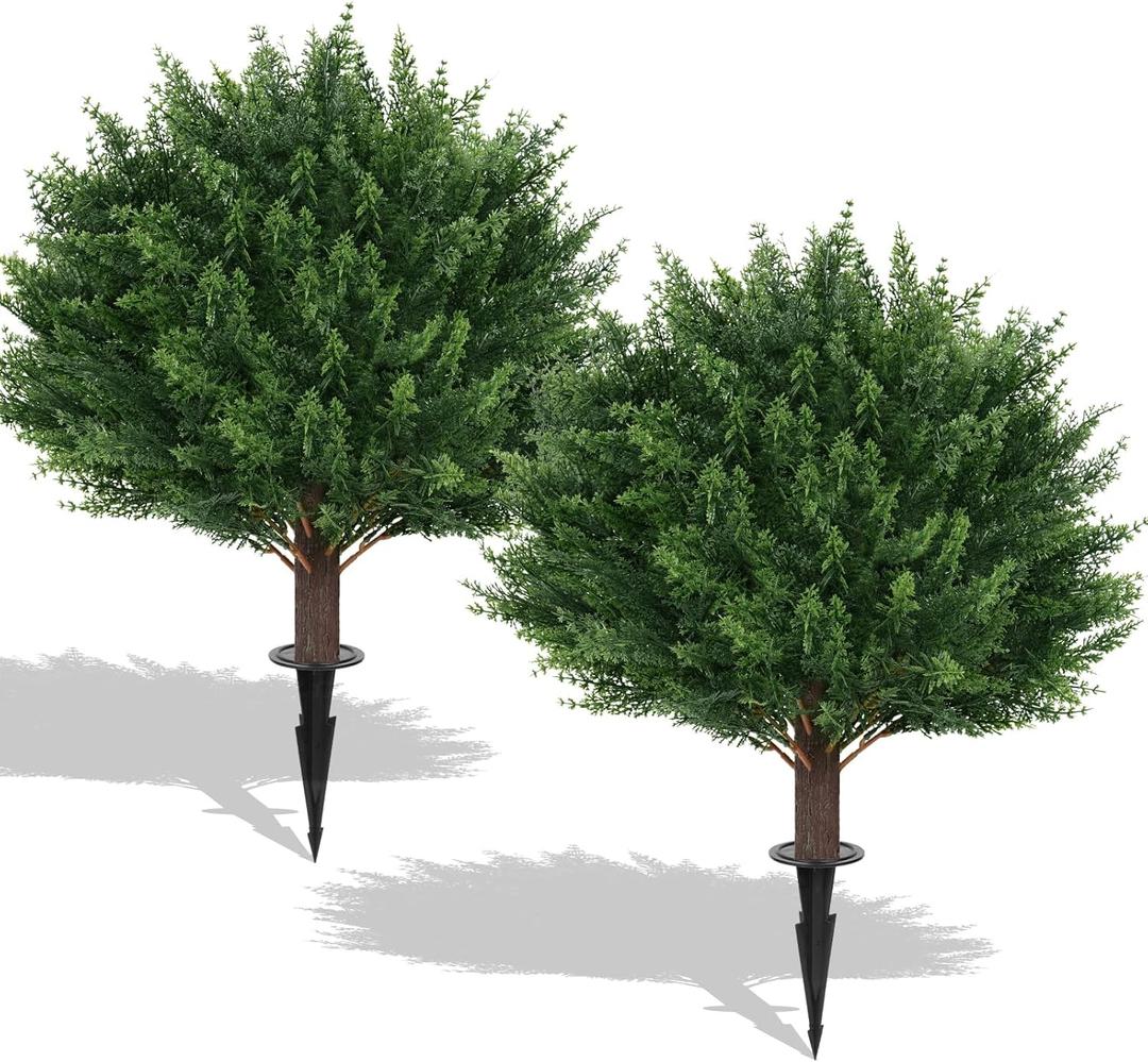 Artificial Cedar Topiary Ball Trees, 2 Set of 16'' UV Resistant Fake Evergreen Shrubs Bushes Plants with Ground Spike Fake Plants for Outdoor Indoor Front Porch Garden (Ceder)