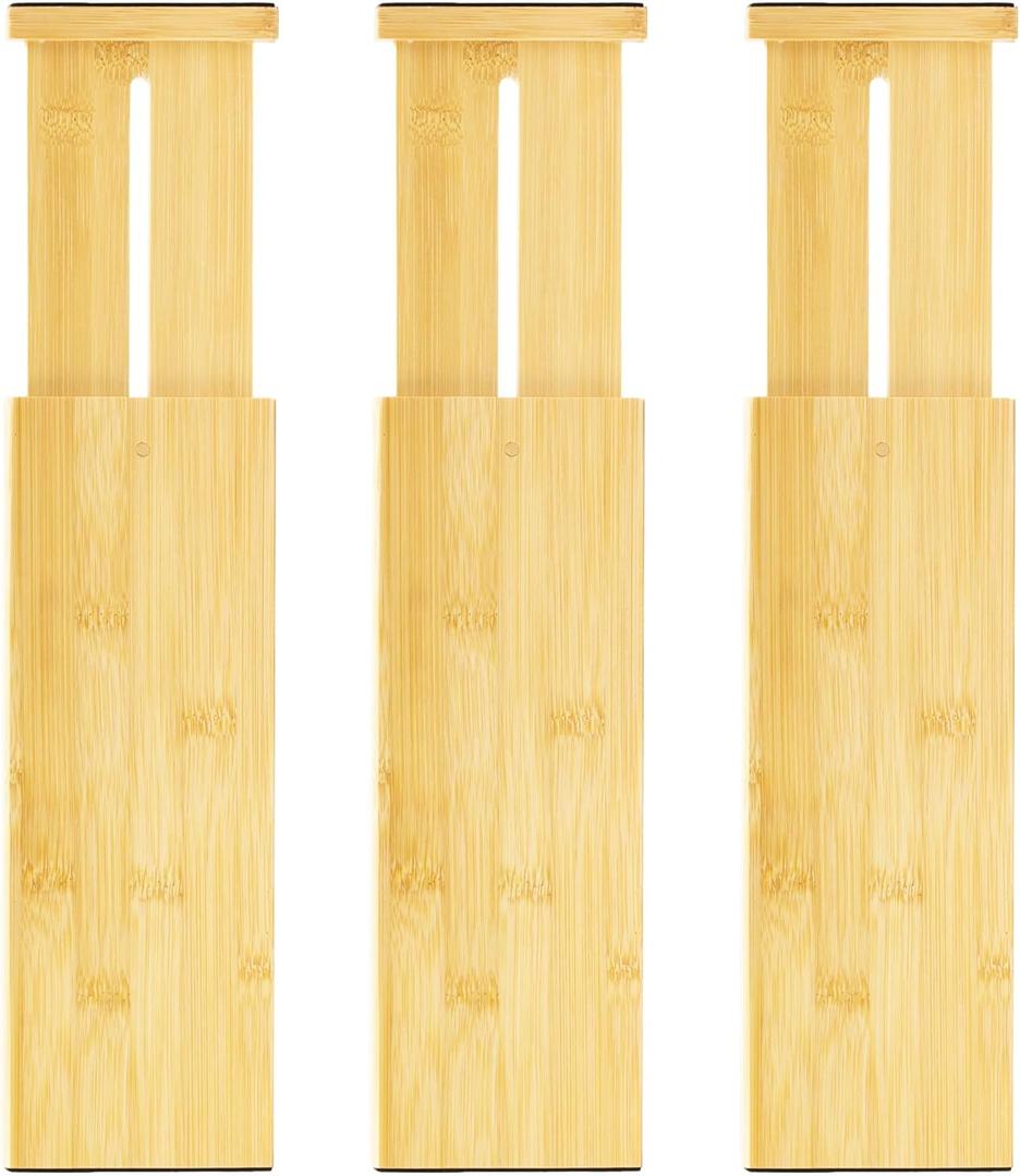 VaeFae 3 Pack Bamboo Drawer Dividers, 4" High Adjustable 11.9-17.1" Clothes Drawer Organizers, Expandable Separators for Bedroom/Bathroom/Kitchen/Office Storage