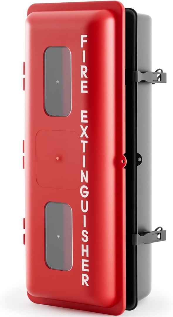 DoubleFill 1 Pcs 10 lb Fire Extinguisher Cabinet Box with Internal Rope Fastening and External Latch Sturdy Plastic Holder Case Vandal-Resistant Weatherproof Protect Indoor Outdoor (26 x 12 x 9 in)