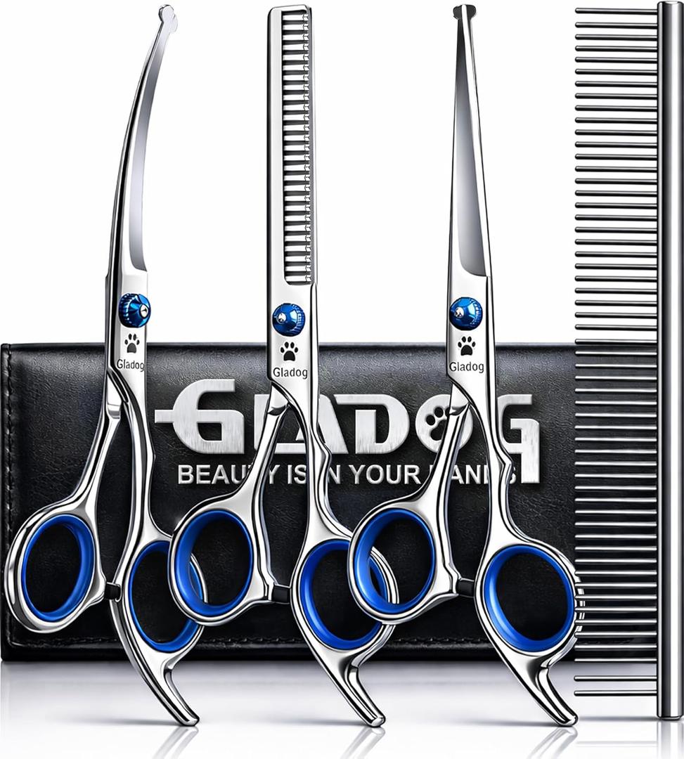 GLADOG Professional 5 in 1 Dog Grooming Scissors Set with Safety Round Tips, Sharp and Heavy-duty Pet Grooming Shears for Cats