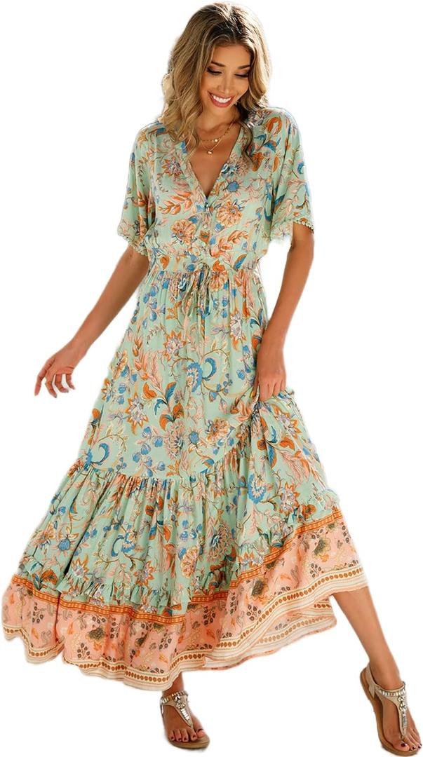 R.Vivimos Womens Summer Cotton Short Sleeve V Neck Floral Print Casual Bohemian Midi Dresses (Medium)