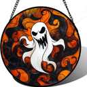 Stained Glass Window Hanging - Halloween White Ghost Suncatcher for Doors Window Garden Indoor Spooky Funny Orange Sun Catchers Gothic Decor Horror Gifts for Women Men Friend 15 in