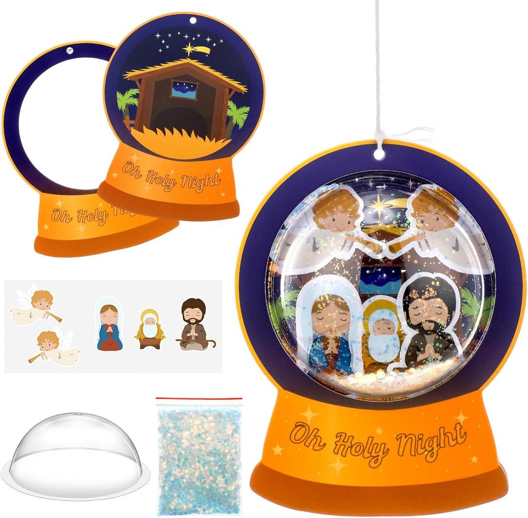 Threehoney 24 Pack Nativity Advent DIY Snow Globe Craft Kit for Kids Toddlers Boys Girls Jesus Birth Hanging Ornament with Glitter Sequin Paper Holiday Religious Classroom Decor(Holy Night,Gold)