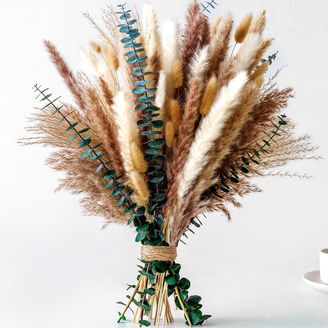 Pampas Grass Decor, Dried Flower Bouquet with Bunny Tail Grass, Pampas Grass & Eucalyptus, Boho Centerpieces for Tables & Floors - Dried Floral Arrangement, Fall Grass & Stylish Olive Green Wall Dcor