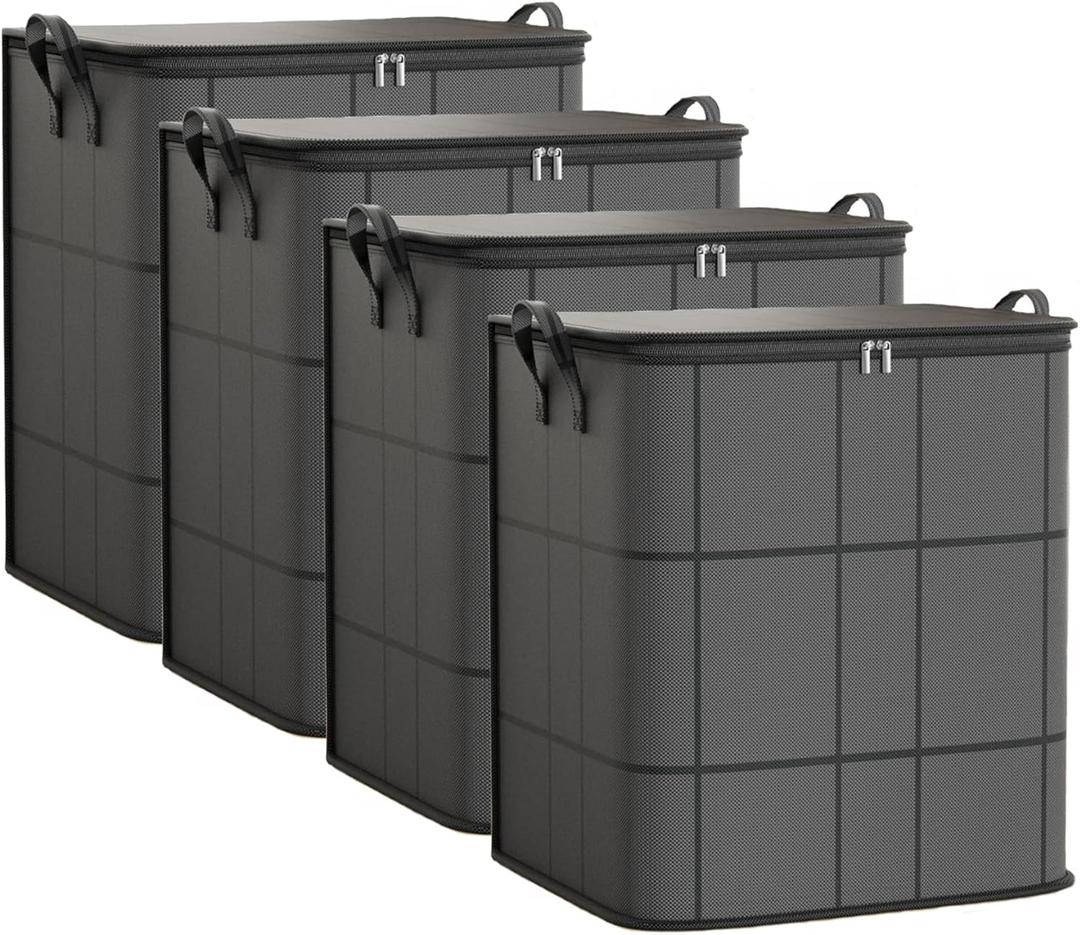4 Pack Large Clothes Storage Bags, Comforter Storage organizers with lid, Clothing Storage Bins with Reinforced Handles, Sturdy Zippers, for Clothes & Bedding