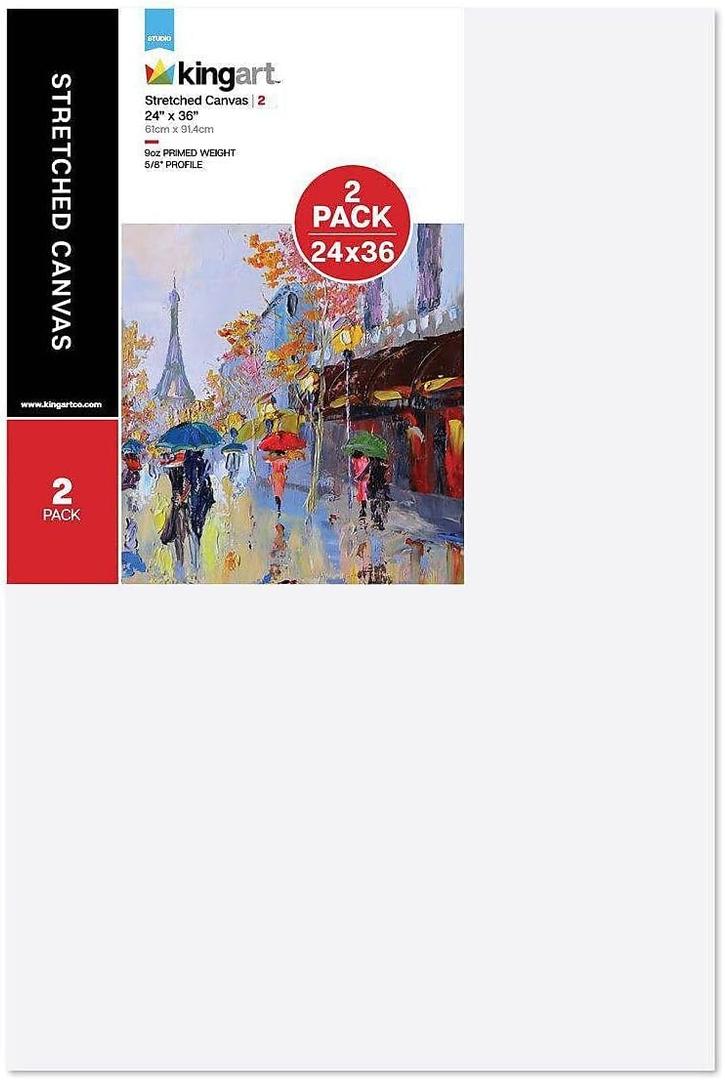 KINGART Large White 24" x 36" Stretched Artist Canvas, Pack of 2, Gesso Primed - 100% Cotton Rectangular Canvases, 5/8" Profile, Art Supplies for Oil and Acrylic Painting