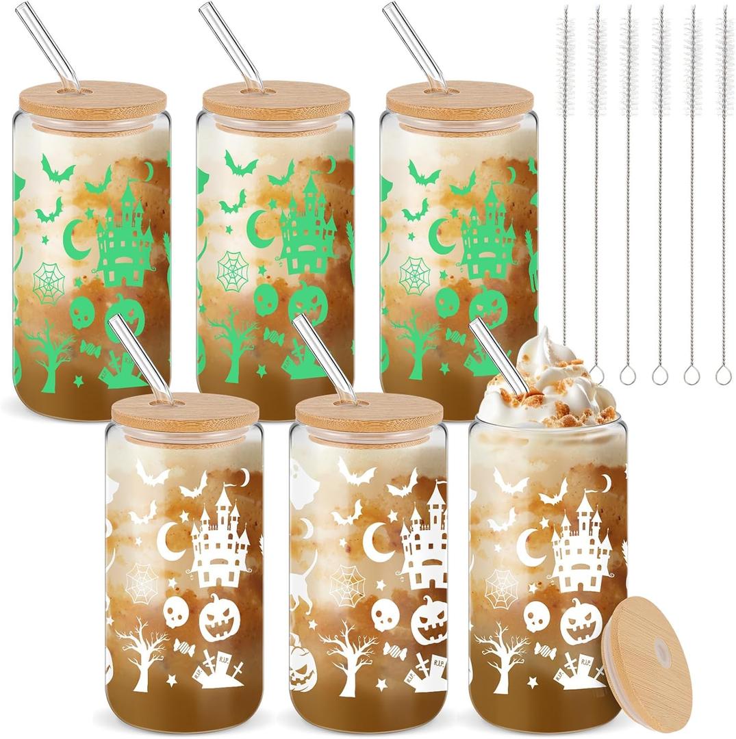 6 Packs Halloween Glass Cups 16oz Halloween Boo Baskets Stuffers Ghost Glass Cups with Lids Straws Glow in the Dark Iced Coffee Cup Gifts for Women Adults Teens Girls Party Decor (Witch)