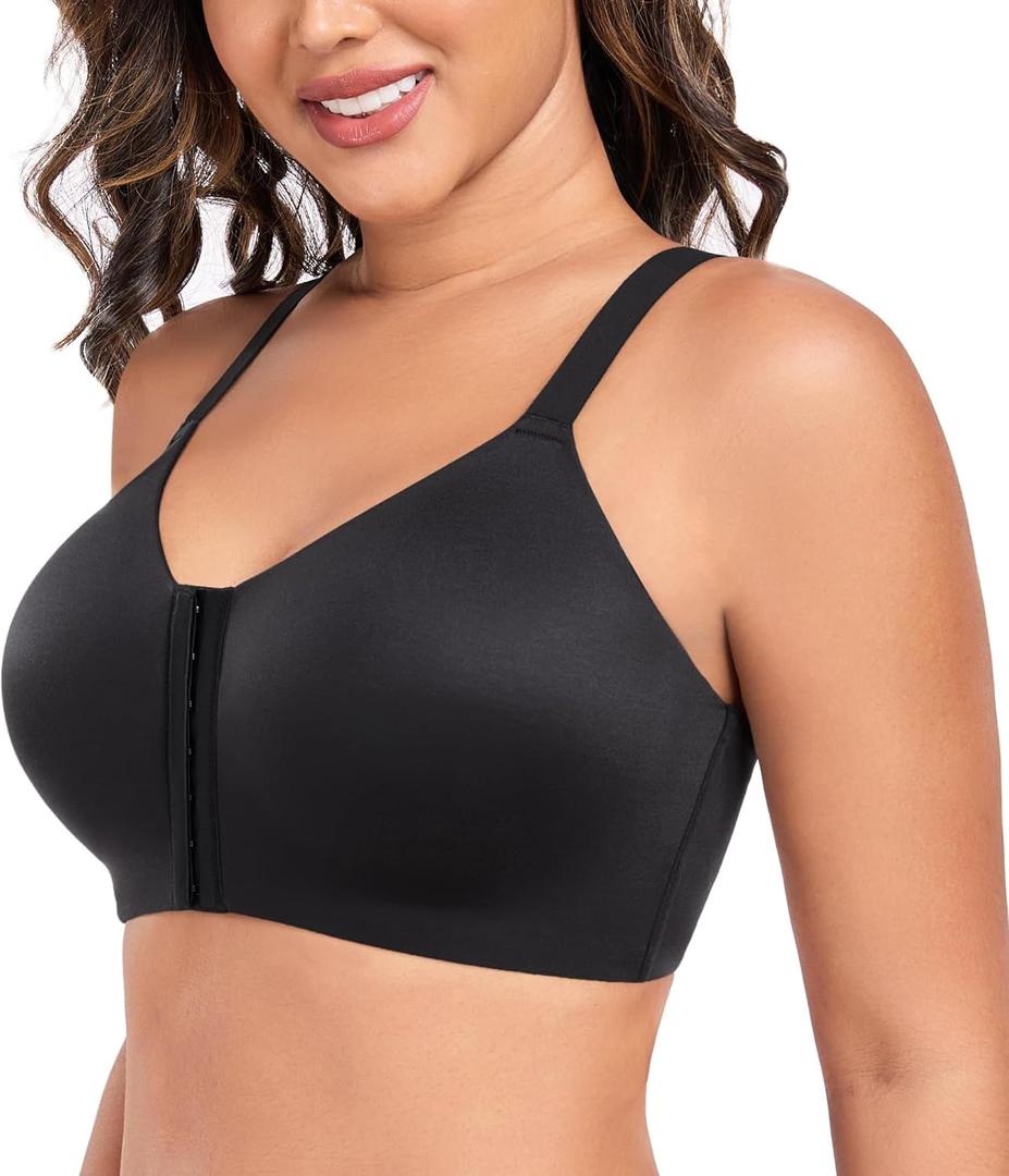 DotVol Women's Wireless Front Closure Scalloped Lace Racerback Comfort Everyday Bra (34G, Black)