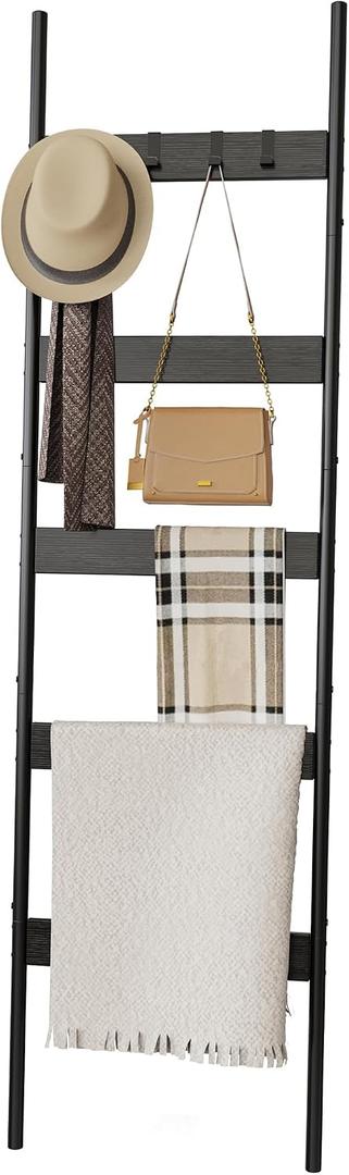 Blanket Ladder, 5-Tier Towel Holder with 4 Removable Hooks, Farmhouse Wall Leaning Decorative Rack Shelf, Wooden Towel Display Rack, Quilt Ladder for Living Room, Bedroom, Black