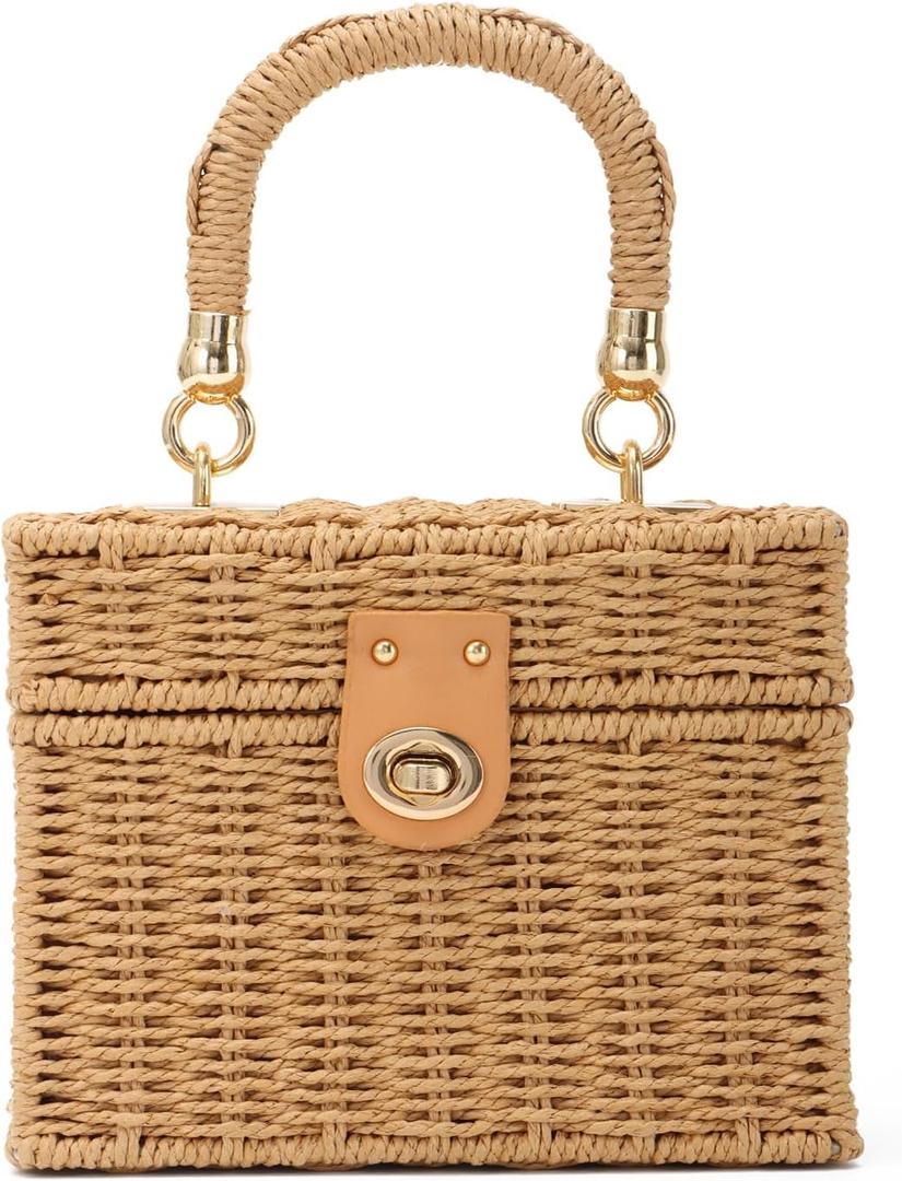 Oweisong Wicker Rattan Purse for Women Summer Beach Woven Straw Tote Bag | Box Basket Bucket, Square Purse, For Vacation, Boho Handbag, Black Beach Bag
