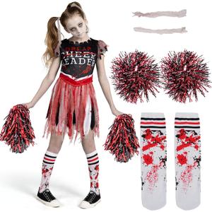 Spooktacular Creations Zombie Halloween Cheerleader Costume, Girls Scary Cheerless Costume, Kids Dead Cheerleading Outfit for Halloween Role Play Themed Parties, Red Black, M (Medium(8-10 yrs)