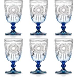 XUWAIDSGN 6Pcs Plastic Vintage Wine Glasses 13.5oz Reusable Embossed Goblet Glasses Blue Gradient Retro Wine Glassware Unbreakable Stemmed Champagne Water Cups for Wine Cocktail Juice Wedding