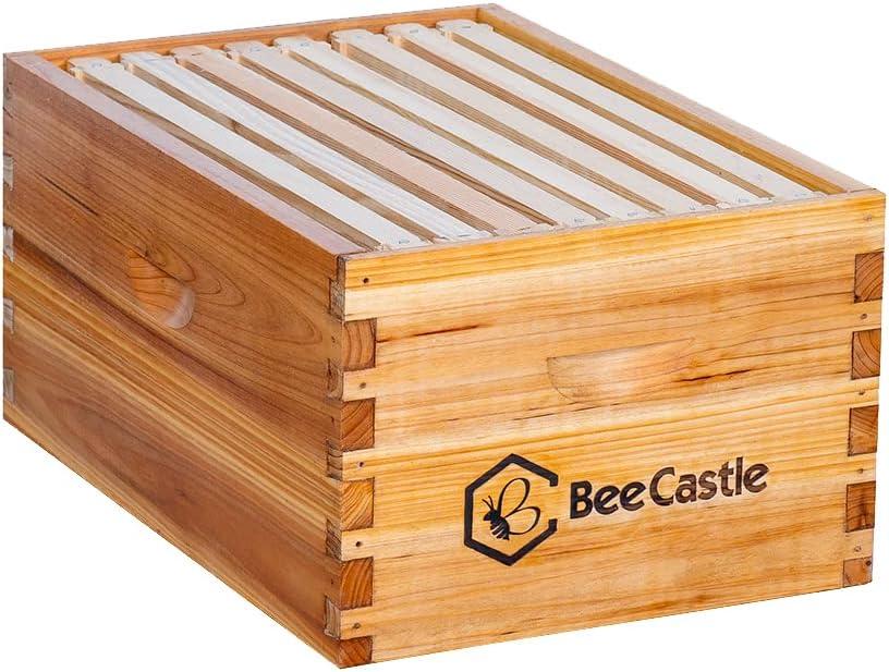 BeeCastle Heavy Wax Coated Langstroth Unassembled Deep/Brood Box with Frames and Beeswax Coated Foundation Sheet (8 Frame)